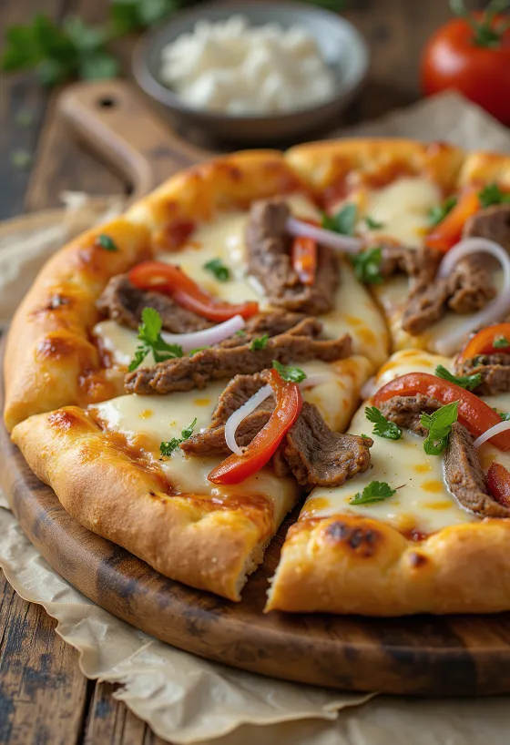 Philly cheesesteak pizza с резени стек и чушка