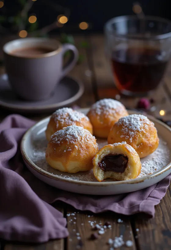 Прясно изпечен æbleskiver, сервиран с шоколадов крем и пудра захар