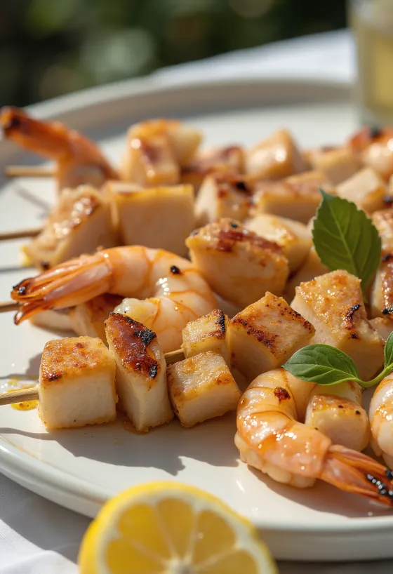 Гриловани скариди и пилешко, сервирани