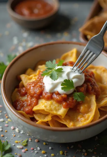 Chilaquiles con salsa de chipotle – с червен сос, хрупкави парчета тортила, настърган кашкавал и заквасена сметана
