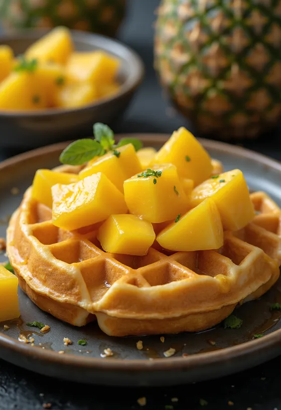 Тропически плодови гофрети сервирани с прясно манго и ананас