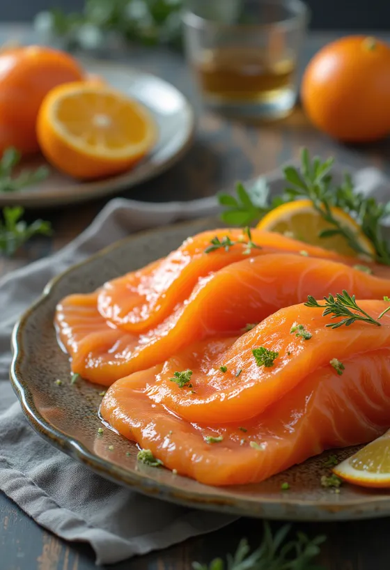 Гравлакс с портокалов ликьор, украсен с пресен копър, с вкус на портокалов ликьор