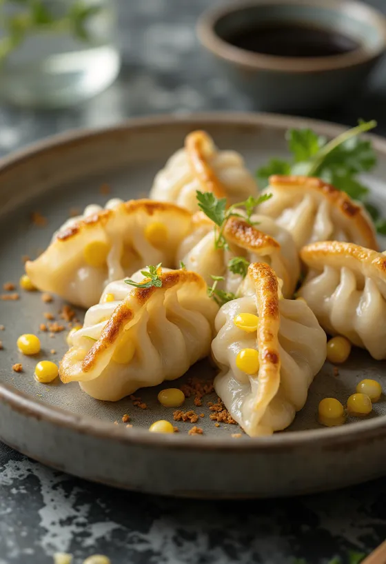 Гьоза с царевица с парчета със златисто кафяво дъно, сервирана с купичка соев сос