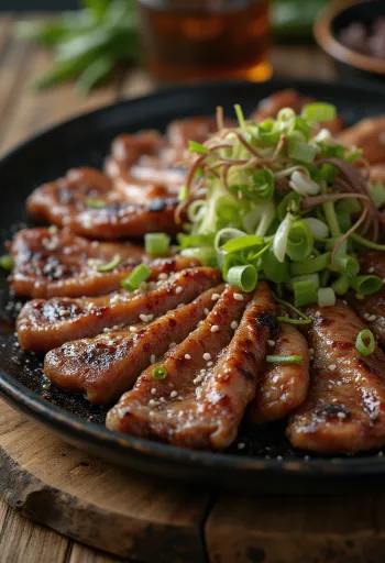 Bulgogi galbi, печени телешки резени, поръсени със сусам и зелен лук