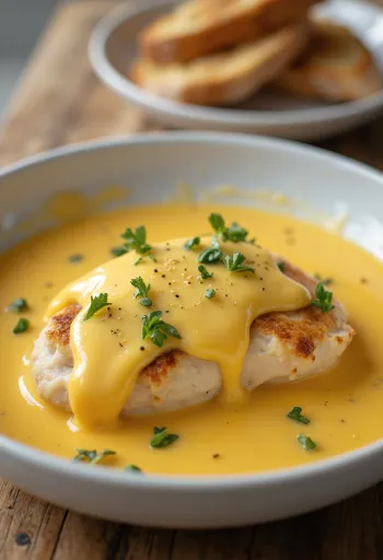 Пилешки гърди със сос от сирена, сервирани с задушен ориз