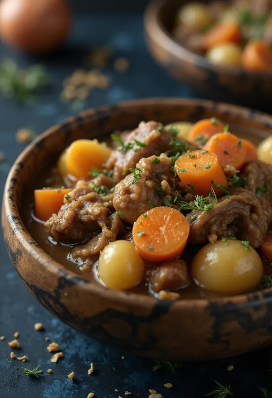 Squirrel stew, сервирано в рустикална купа с пресен хляб.