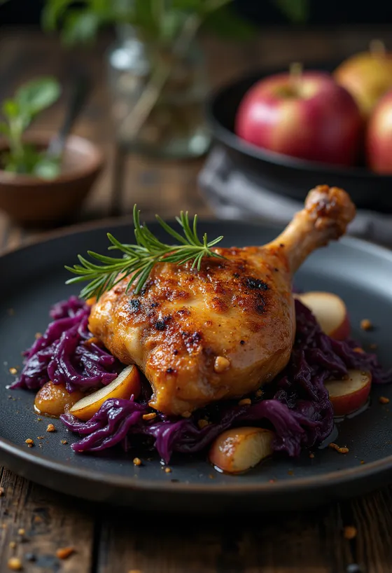 Печено патешко бутче със зеле с ябълки, сервирано