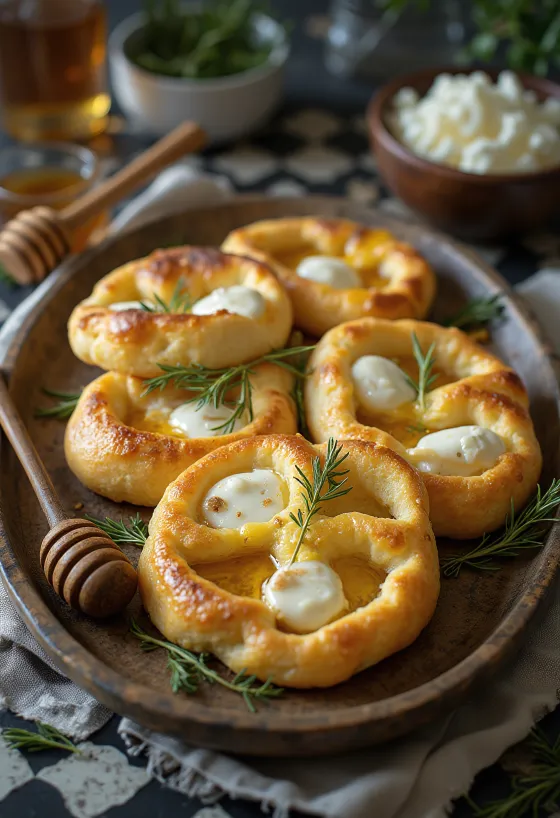 Фокача с козе сирене и мед, сервирана