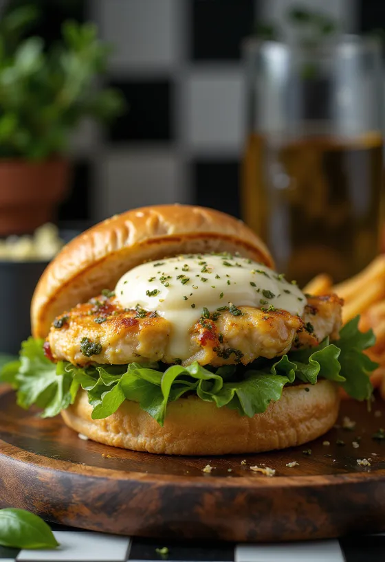 Пилешки бургер с песто, гриловано пиле и разтопена моцарела