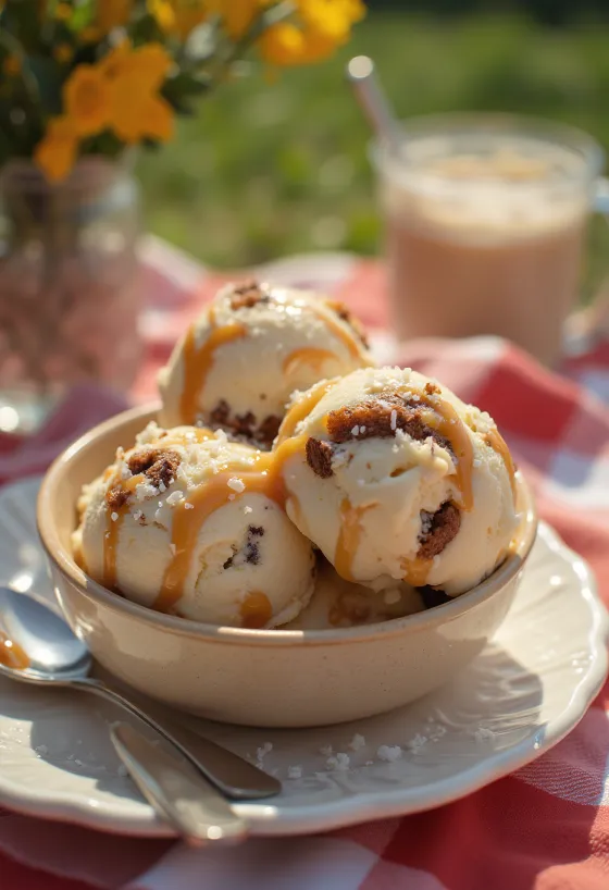 Сладолед Salted Caramel Brownie, сервиран с карамелен сос и парчета брауни