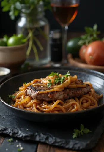 Bistec Encebollado сервирано с лук и гарнитура