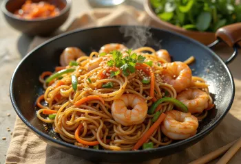 Якисоба със скариди, вкусна смес от юфка и зеленчуци със скариди и сусам