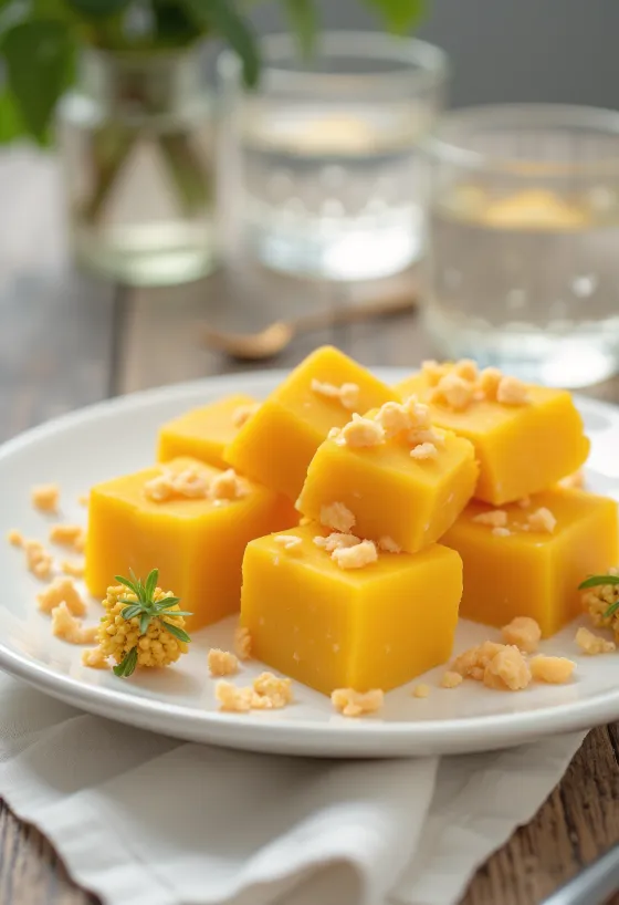 Манго Barfi, сервирано с бадеми и вкус на шафран