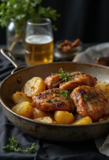 Пушен джолан по пекарски, сервиран с печени картофи