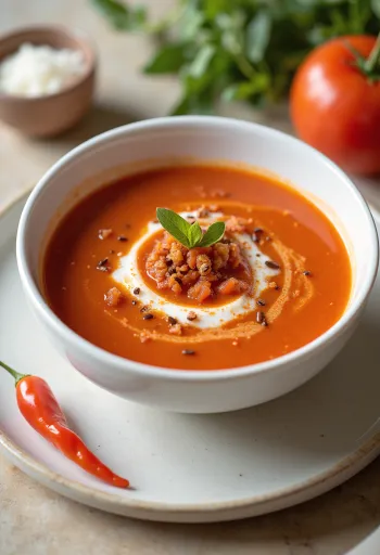 Сервирана доматена крем супа с чили