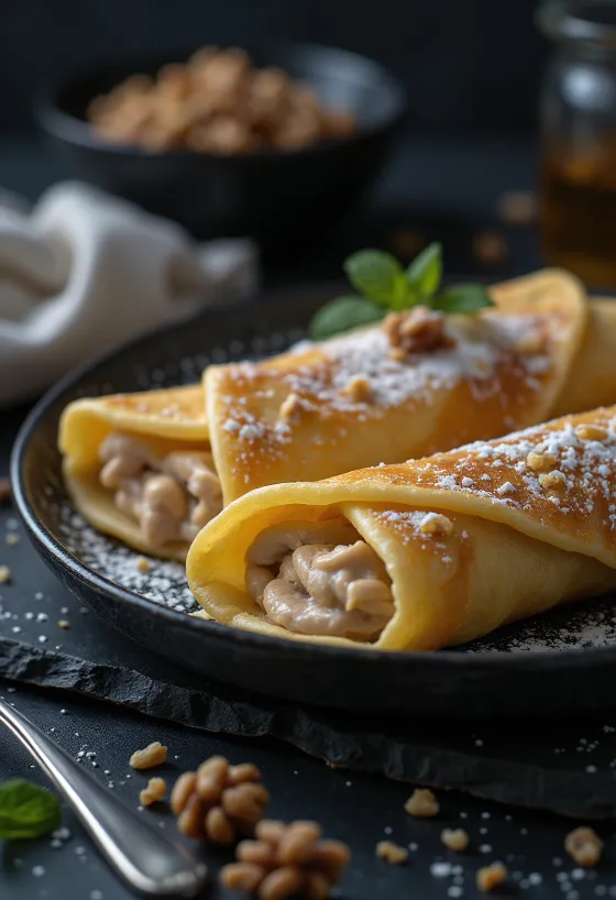 Палачинки с орехи, сервирани с шоколадов сос