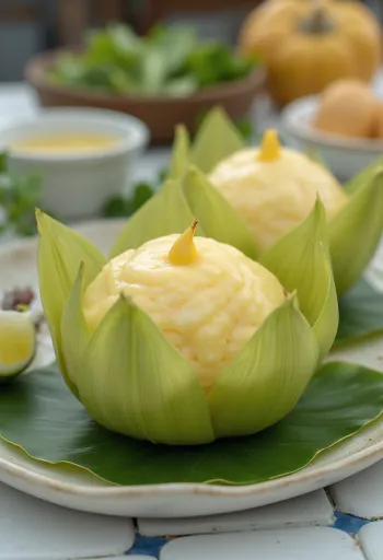 Памоня с кокосово мляко, сервирана с пресни бананови листа