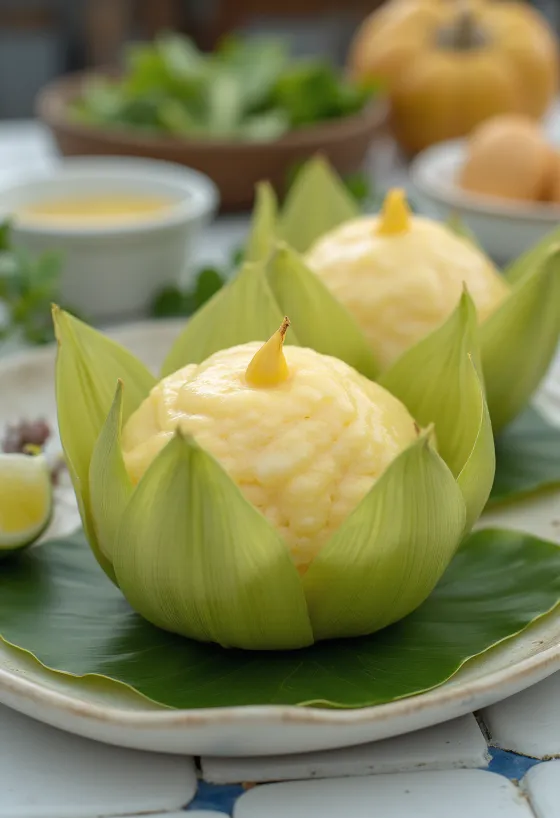 Памоня с кокосово мляко, сервирана с пресни бананови листа