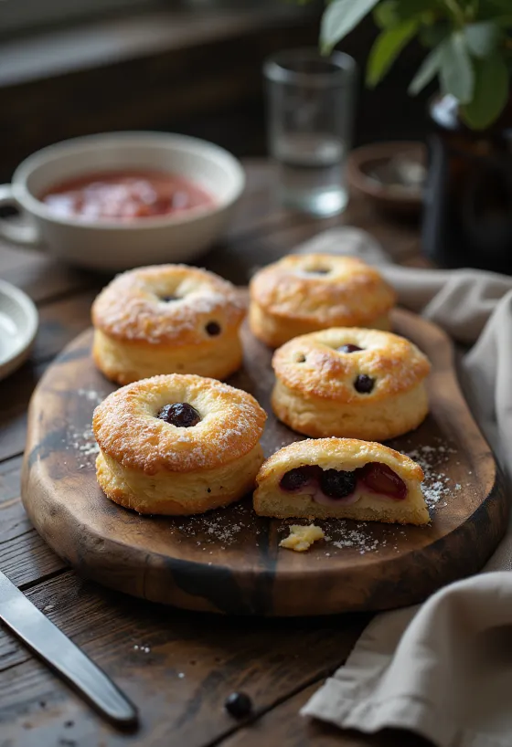 Eccles cake със сини сливи и стафиди, златистокафяви сладкиши, прясно изпечени
