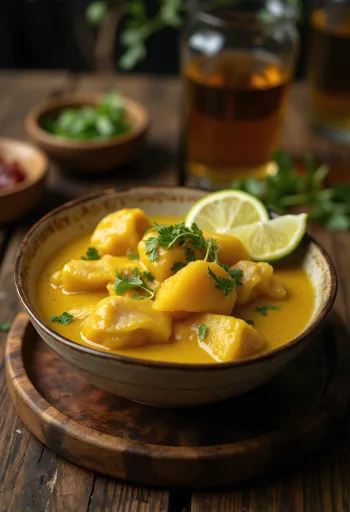 Тенга със слонска ябълка и пилешко месо, украсена с пресен кориандър