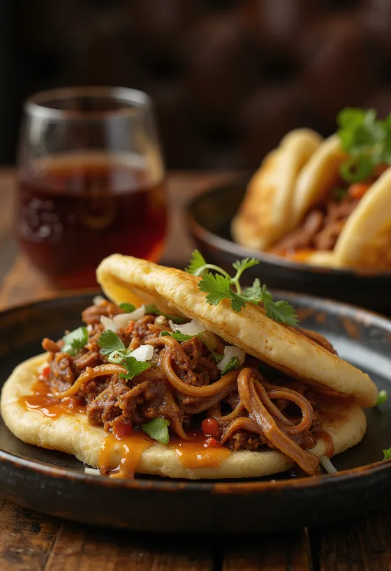 Арепа с накъсано телешко сервирано ястие в корейски стил