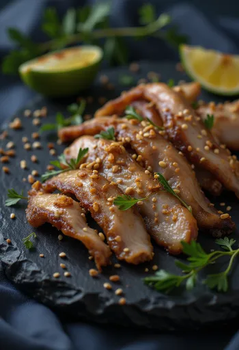 Biltong с пилешко, украсено с пресен кориандър и сусам, сервирано сочно