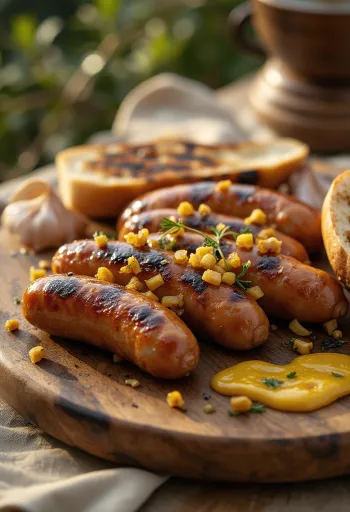 Кебапчета на скара, сервирани със зеленчуци и хляб