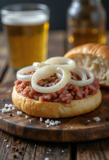 Mettbrötchen, сервиран с пресен лук