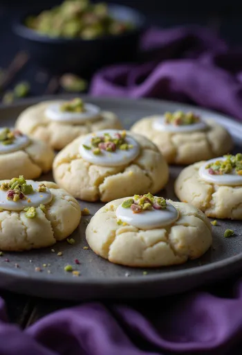 Nankhatai с шамфъстък – златисти, ронливи бисквити, поръсени с нарязан шамфъстък, сервирани