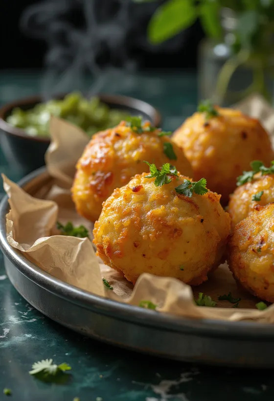 Прясно приготвено Batata Vada, хрупкави картофени топчета, украсени с кориандър