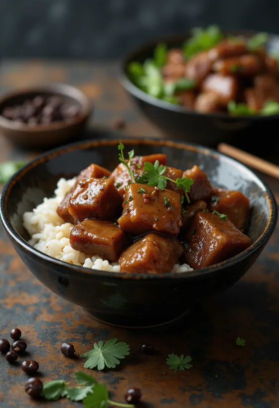 Pork adobo сервирано с варен ориз