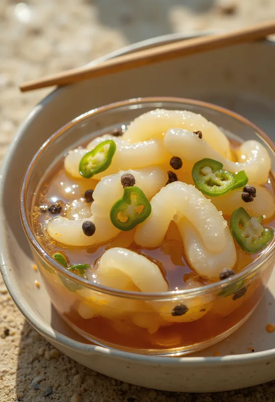 Пикантна маринована морска краставица в оцет в буркан