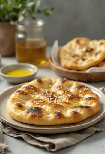 Roghni naan, поръсен със златистокафяв сусам, сервиран със зехтин