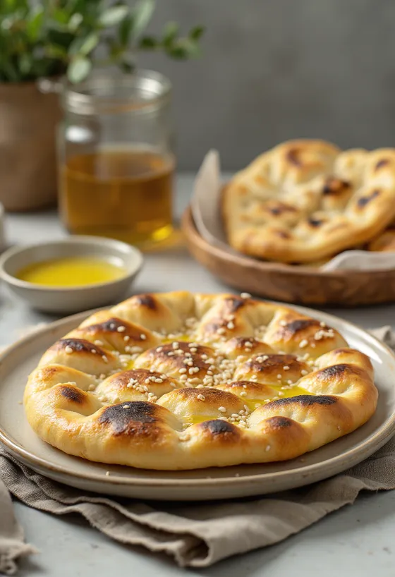 Roghni naan, поръсен със златистокафяв сусам, сервиран със зехтин