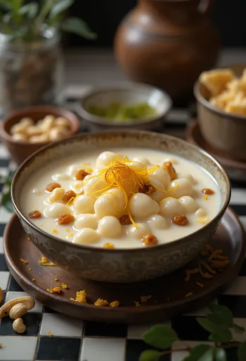 Сабудана Паясам, вкусен индийски млечен десерт, с богати вкусове и украсен с цветни подправки