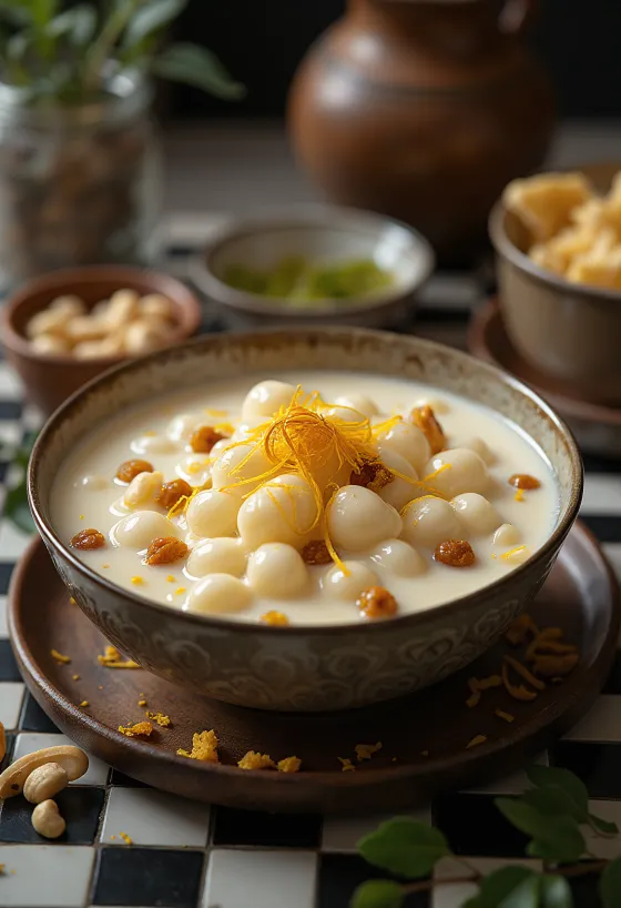 Сабудана Паясам, вкусен индийски млечен десерт, с богати вкусове и украсен с цветни подправки