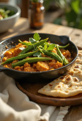 Bhindi Masala Sabzi в купа, украсено с пресен кориандър